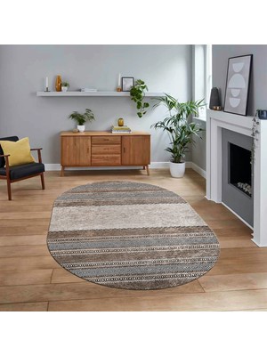 Viyana Home Dijital Baskılı Kaymaz Taban Yıkanabilir Oval Modern Yolluk Salon Halısı, V-O-Modern-83-Kahve,