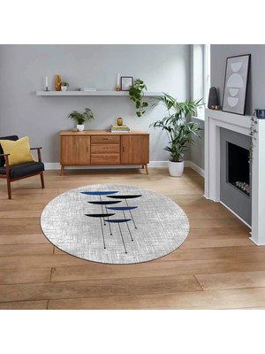 Viyana Home Dijital Baskılı Kaymaz Taban Yıkanabilir Yuvarlak Modern Mutfak Salon Halısı, V-Y-MODERN-112-MAVİ,