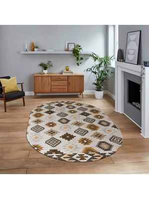 Viyana Home Dijital Baskılı Kaymaz Taban Yıkanabilir Oval Modern Yolluk Salon Halısı, V-O-Modern-99-Kahve,
