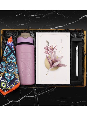 Apollon Gift 500 ml Deri Kılıflı Cam Matara & Tasarım Defter & Touch Pen Kalem & Fular Hediye Seti