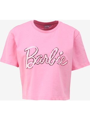 Barbie Bisiklet Yaka Baskılı Pembe Kadın T-Shirt BRB4SL-TST6059