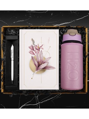 Apollon Gift 500 ml Deri Kılıflı Cam Matara & Tasarım Defter & Touch Pen Kalem Hediye Seti