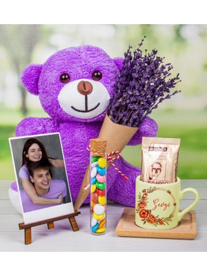 Ejoya Kişiye Özel Türk Kahvesi Fincanı & Fotoğraflık & Drajeler & Lavantalı Peluş Ayı Hediye Kutusu 111666