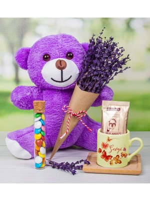 Ejoya Kişiye Özel Türk Kahvesi Fincanı & Drajeler & Lavantalı Peluş Ayı Hediye Kutusu 111661