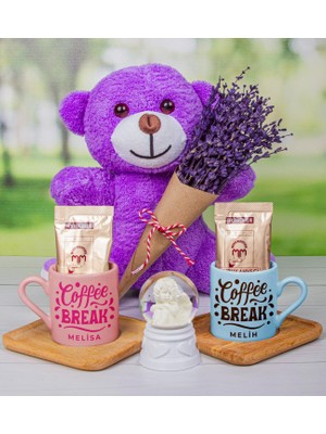 Ejoya Kişiye Özel Türk Kahvesi Fincanları & Kar Küresi & Lavantalı Peluş Ayı Hediye Kutusu 111699
