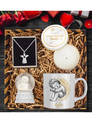 Ejoya Kişiye Özel Melek Kupa & Mum & Melek Kar Küresi & 925 Ayar Gümüş Melek Kolye Hediye Kutusu 112796