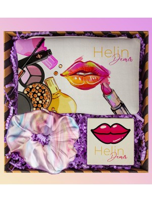 Ejoya Kişiye Özel Makyaj Çantası & Kişiye Özel Ayna & Saten Toka Hediye Seti 111042