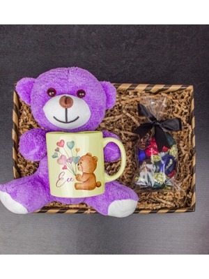 Ejoya Kişiye Özel Kupa & Çikolatalar & Mor Peluş Ayı Hediye Kutusu 111745