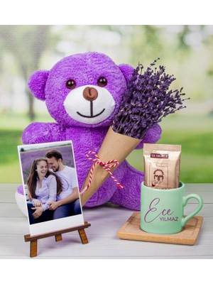 Ejoya Kişiye Özel Türk Kahvesi Fincanı & Fotoğraflık & Lavantalı Peluş Ayı Hediye Kutusu 111669