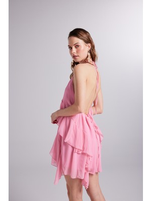 Fırfır Detaylı Bel Dekolteli Şifon Capri Elbise Pembe