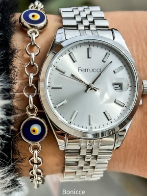 Ferrucci Gümüş Renk Çelik Kordon, Gece Fosforlu Kadın Kol Saati+Bileklik