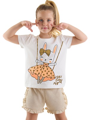 Denokids Mutlu Tavşan Kız Çocuk T-Shirt Simli Şort Takım