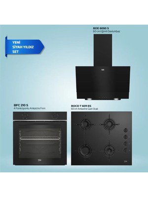 Beko Black Star 3'lü Ankastre Set 5 Modern Tasarımlı Siyah Renk Gazlı Ocak BFC 210 S - Bocd T 6011 Es - Bde 6050 S