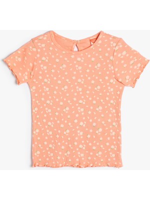 Koton Tişört Kısa Kollu Bisiklet Yaka Ribanalı Çiçek Baskılı