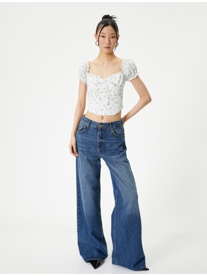 Koton Çiçekli Balon Kol Bluz Crop Fiyonklu Fırfır Detaylı