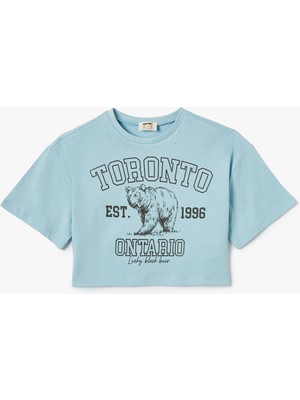 Koton Crop Tişört Baskılı Kısa Kollu Bisiklet Yaka Pamuklu