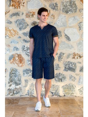 Doreanse Erkek Lacivert Desenli  Pamuk Şort T-Shirt Pijama Takımı 24Y4516