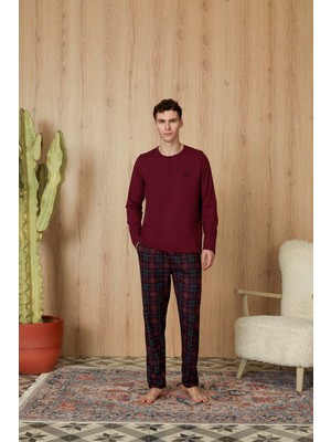 Doreanse Erkek Bordo Ekose Desenli T-Shirt Pijama Takımı 4844