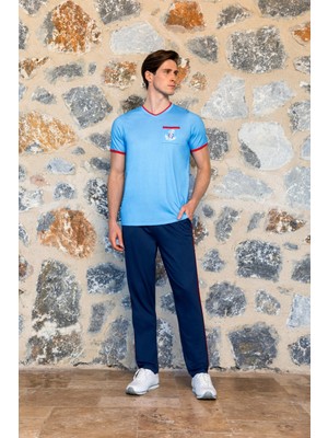 Doreanse Erkek Mavi Denizci Baskı Cepli Lacivert Pantolon T-Shirt Pijama Takımı 24Y4503