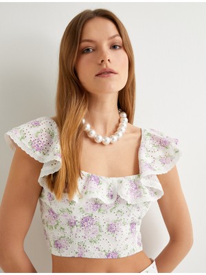 Koton Crop Fisto Çiçekli Üst Fırfırlı Pamuklu