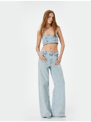 Koton Taşlı Geniş Paça Kot Pantolon Baklava Desenli Cepli - Bianca Wide Leg Jeans