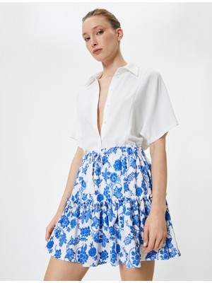 Koton Çiçekli Mini Etek Beli Bağcıklı Volanlı