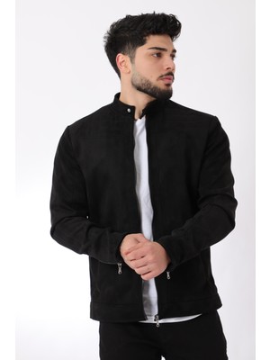 Stil Kombin Siyah Kol Detaylı Hakim Yaka Süet Mevsimlik Mont 2XL Erkek Tarzı