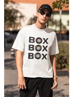 Fuddy Moda Unisex Oversize Box Box Box Yazılı Tshirt, Formula 1 Baskılı Tişört
