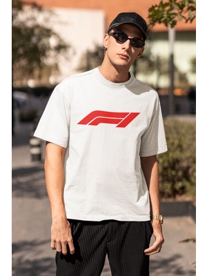 Fuddy Moda Unisex Oversize F1 Yazılı Tshirt, Formula 1 Baskılı Beyaz Tişört