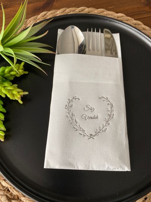 Kidspartim Gümüş Yaldızlı Beyaz Söz Verdik Kalp Çelenk Cepli Peçete 12'li 40x40