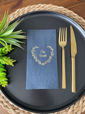 Kidspartim Gold Yaldızlı Siyah Söz Verdik Kalp Çelenk Peçete 16 Adet