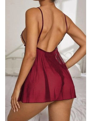 Voes Bordo Dantel Özel Tasarim Bodysuit Gecelik 15523