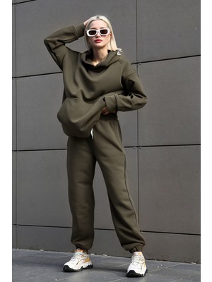 Yakamel Kadın Oversize Kapşonlu Kanguru Cep Eşofman Takımı