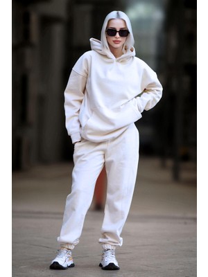 Yakamel Kadın Oversize Kapşonlu Kanguru Cep Eşofman Takımı