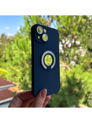 Bumudur Aksesuar iPhone 14 Kamera Korumalı Yüzüklü Lacivert Silikon Kılıf