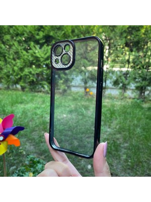 Bumudur Aksesuar iPhone 13 Siyah Çerceveli Elmas Görünümlü Silikon Kılıf