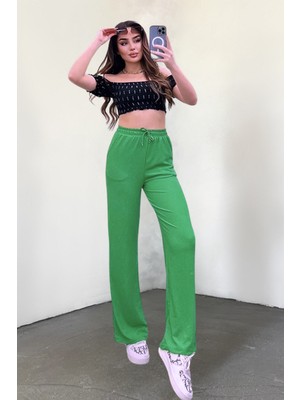 Yakamel Kadın Bol Paça Dokulu Cepli Palazzo Kumaş Pantolon