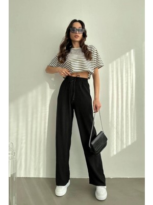 Yakamel Kadın Beli Lastikli Yazlık Bürümcük Palazzo Pantolon