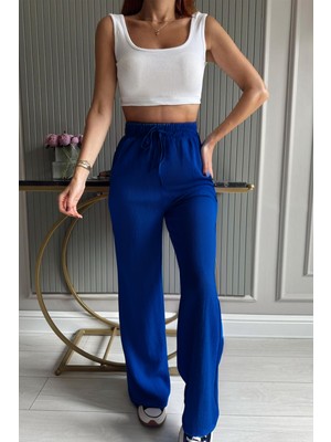 Yakamel Kadın Bol Paça Dokulu Cepli Palazzo Bürümcük Kumaş Pantolon