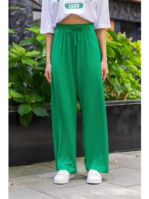 Yakamel Kadın Bol Paça Dokulu Cepli Palazzo Bürümcük Kumaş Pantolon