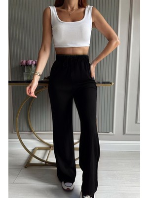 Yakamel Kadın Bol Paça Dokulu Cepli Palazzo Bürümcük Kumaş Pantolon