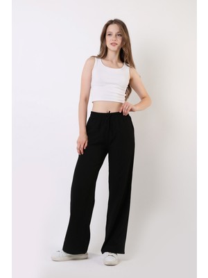 Yakamel Kadın Bol Paça Beli Lastikli Yüksek Bel Palazzo Pantolon Dokulu Cepli