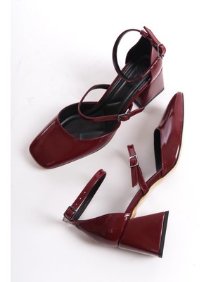 Modabuymus Sigva Mary Jane Yazlık Bordo Rugan Kalın Topuklu Bantlı Ayakkabı