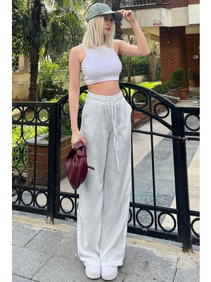 Yakamel Kadın Bol Paça Dokulu Cepli Palazzo Ispanyol Paça Kumaş Pantolon