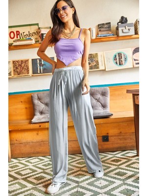 Yakamel Kadın Palazzo Cepli Süper Yüksek Bel Pantolon Dökümlü Bürümcük