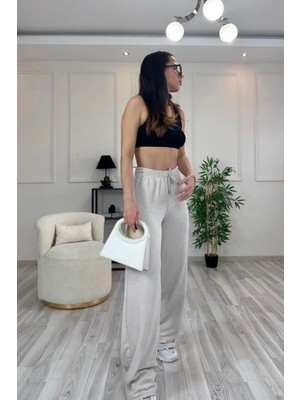 Yakamel Kadın Beli Lastikli Yazlık Dokulu Palazzo Pantolon