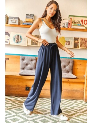 Yakamel Kadın Palazzo Cepli Süper Yüksek Bel Pantolon Dökümlü Bürümcük