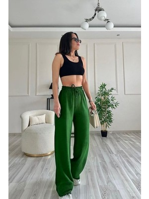 Yakamel Kadın Beli Lastikli Yazlık Dokulu Palazzo Pantolon