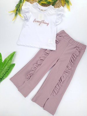 Butik Kız Çocuk Yazlık Mor Ikili Takım Pantolon Fitilli Kumaş Tişort Kollar Fırfırlı