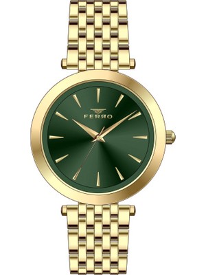 Ferro FL21331A-B6 Quartz Çelik Altın Rengi Yeşil Kadran 34 mm Kadın Kol Saati